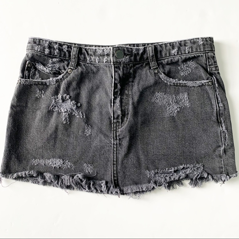 FREE PEOPLE Faded Distressed Denim Mini Skirt